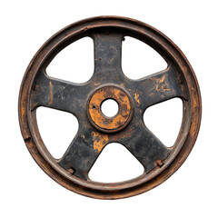 Vintage metal wheel with a rustic finish isolated on transparent background cutout png