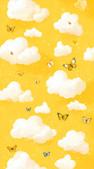 A cheerful yellow background with fluffy clouds and colorful butterflies.
