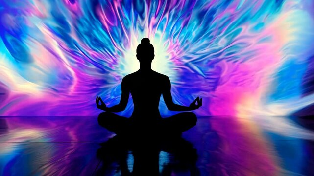 Silhouette of a person meditating in lotus position. Surreal enlightenment, metaphysical awakening esoteric motion graphics. Meditation, transcendence, spiritual aura, chakra healing concept.
