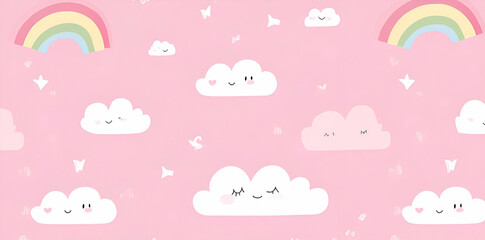 A whimsical pink background with smiling clouds and rainbows, ideal for cheerful designs.
