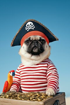 Pug pirate with treasure