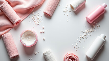 Collection of beauty products on a white surface with scattered pink texture powder.