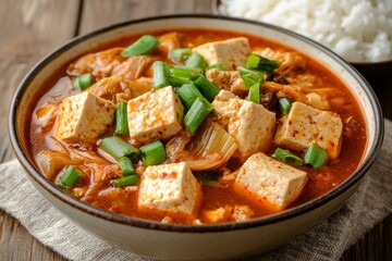 Fototapeta premium Delicious Kimchi Jjigae Korean Stew with Tofu and Rice