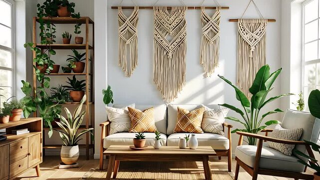 Modern Boho Living Room with Indoor Plants, Wooden Furniture, and Macram&eacute; Wall Hangings

