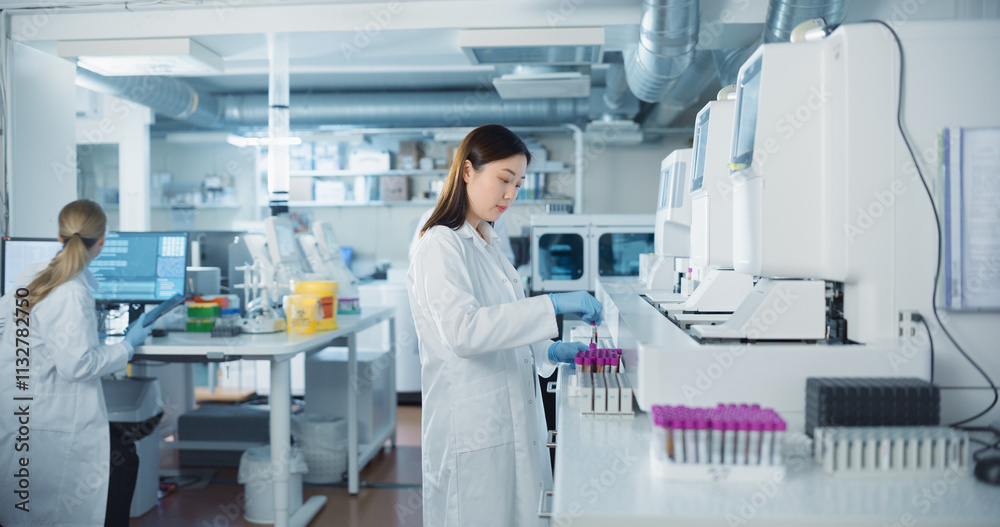 Poster Team of Young Biochemists Collaborating in a Laboratory. Asian Female Researcher Loading Test Tubes with Blood Samples Into a Centrifuge while Her Coworker Reviews Experimental Data on a Computer