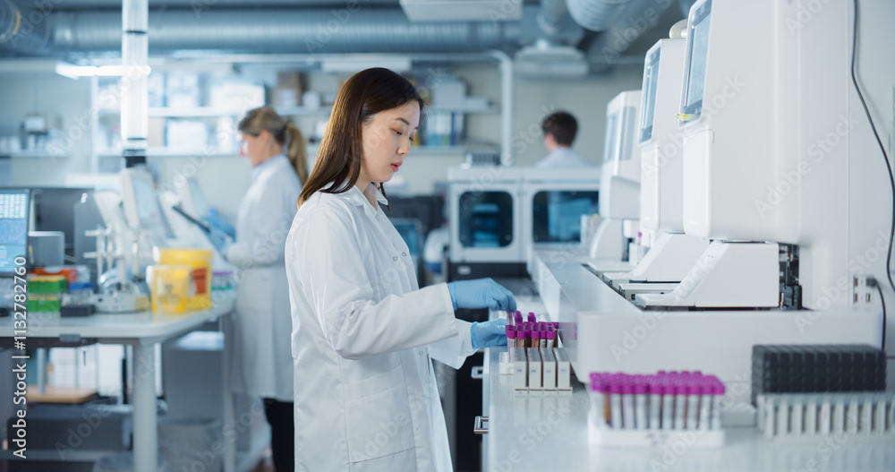 Poster portrait of an asian female scientist in white lab coat handling multiple test tubes in a modern lab