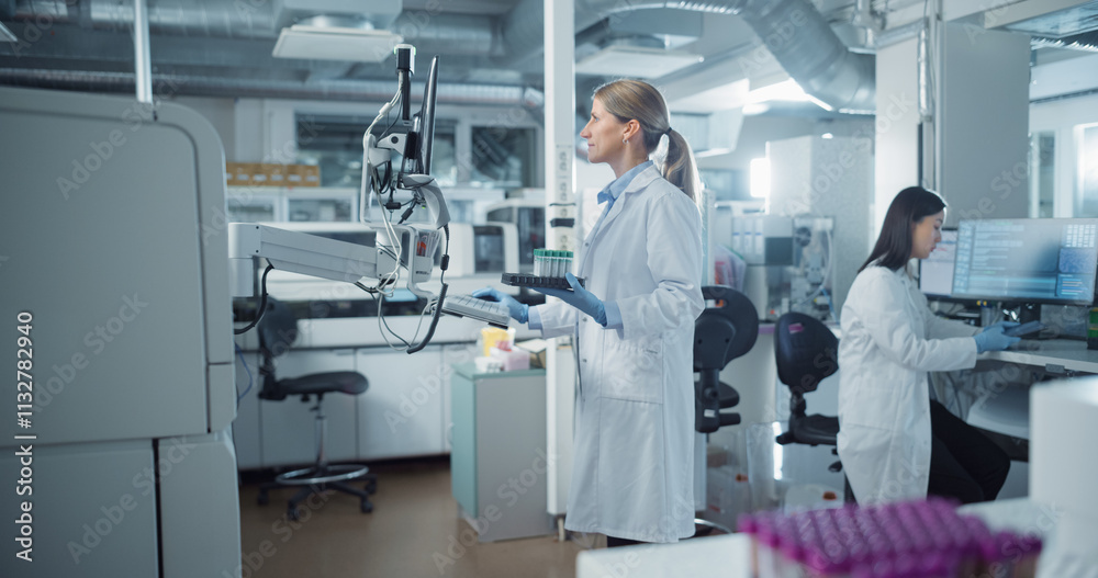 Poster Scientist in White Lab Coat Operates Advanced Testing Equipment in Modern Laboratory. Handling Samples and Analyzing Data on a Computer. Researcher Working with Colleagues in a High-tech Environment