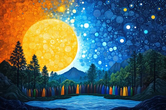 A gathering of extraterrestrial beings in ceremonial robes, performing a ritual under a glowing alien moon. Generative AI