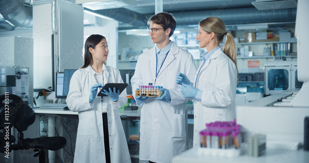 Poster portrait of a diverse research team standing in a modern laboratory in white coats. female and male 