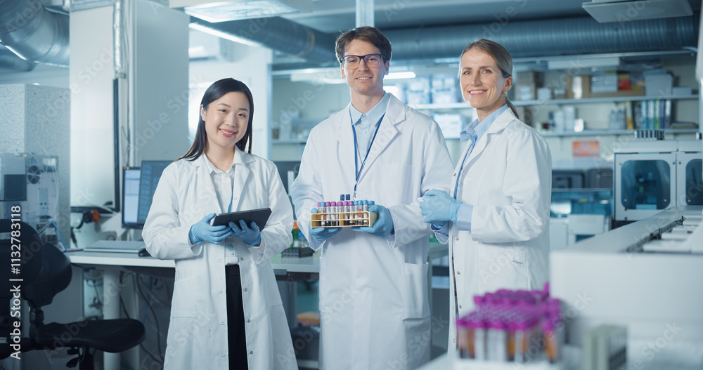 Poster portrait of a diverse research team standing in a modern laboratory in white coats, looking at camer