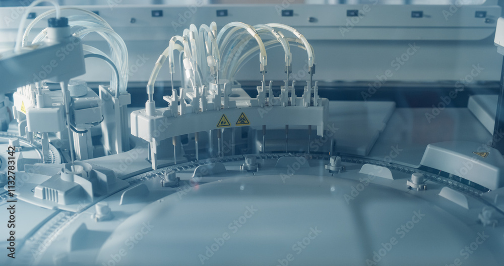 Poster Close Up of an Advanced Automated Laboratory Analyzer at Work. Detailed Tubing, Warning Symbols and Rotating Carousel Showcase the Modern Medical Diagnostics Equipment in Process