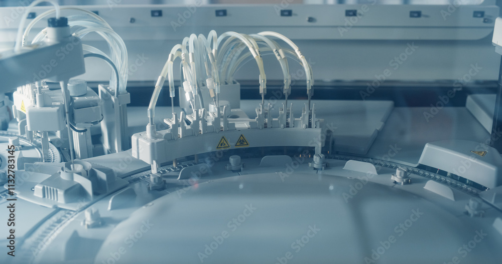 Poster Close Up of an Advanced Automated Laboratory Analyzer at Work. Detailed Tubing, Warning Symbols and Rotating Carousel Showcase the Modern Medical Diagnostics Equipment in Process