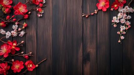 Beautiful red and white flowers placed on a brown wooden surface. Chinese New Year theme with big copy space in the middle.