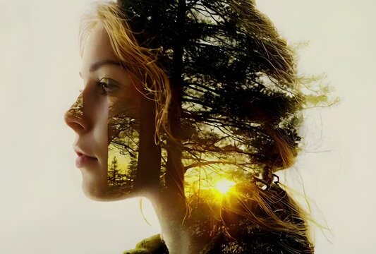 Dreamy woman portrait with forest double exposure.