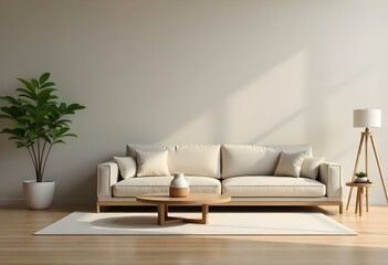 A modern, minimalist living room with a large beige sofa, a wooden coffee table, and a potted plant on a wooden floor. The walls are a light, neutral color
