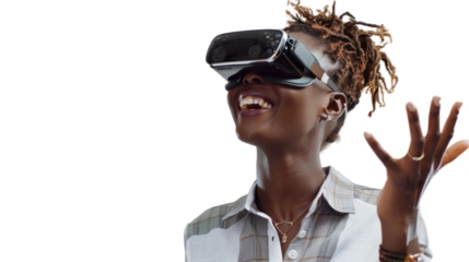 African young businesswoman watching vr glasses laughing and gesturing with hand on white background
