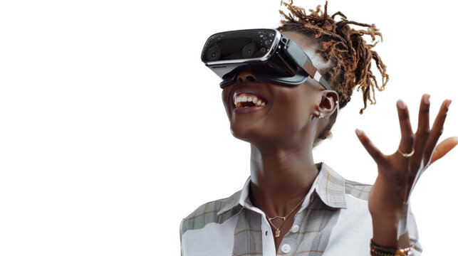 African young businesswoman watching vr glasses laughing and gesturing with hand on white background
 - Powered by Adobe