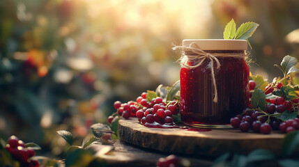 Jar of lingonberry sauce surrounded by fresh berries in sunlight