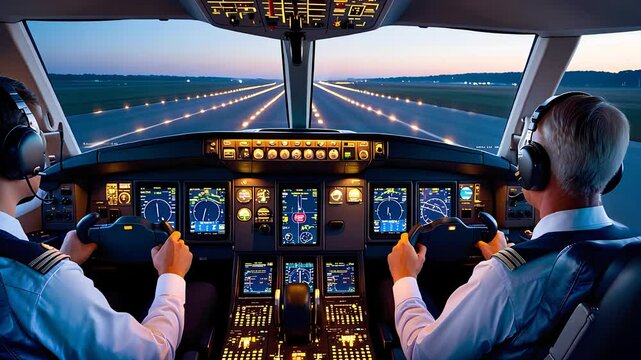 Two Pilots in Cockpit Operating Controls with Advanced Flight Instruments During Takeoff

