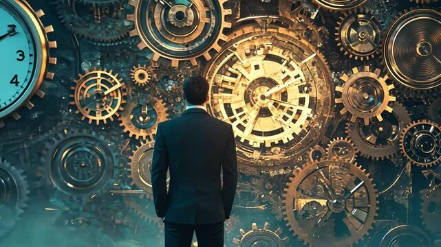The Clockwork of Time: A businessman contemplates the intricate gears of time, symbolizing the relentless march of progress and the fleeting nature of moments.