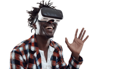 African young businessman watching vr glasses laughing and gesturing with hand on white background
