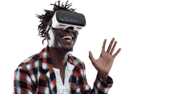 African young businessman watching vr glasses laughing and gesturing with hand on white background

