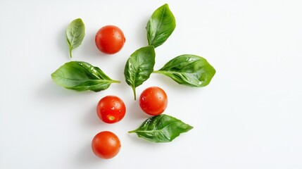 Fototapeta premium Fresh Tomatoes and Basil Leaves on White Background: A Culinary Delight