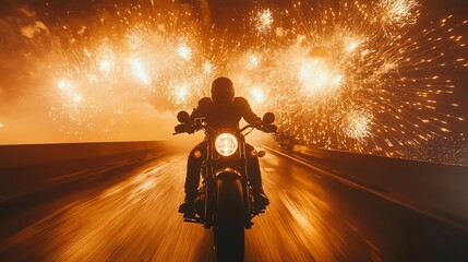 Motorcyclist on road with fireworks display.