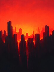 Abstract city skyline with fiery red sunset background