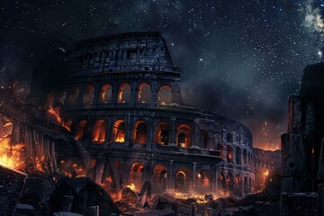Illuminated Colosseum Against Starry Twilight Sky