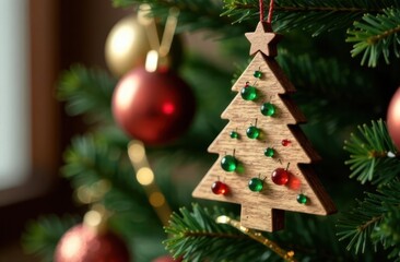 Obraz premium A toy Christmas tree hangs on a dressed up tree next to balloons and garland