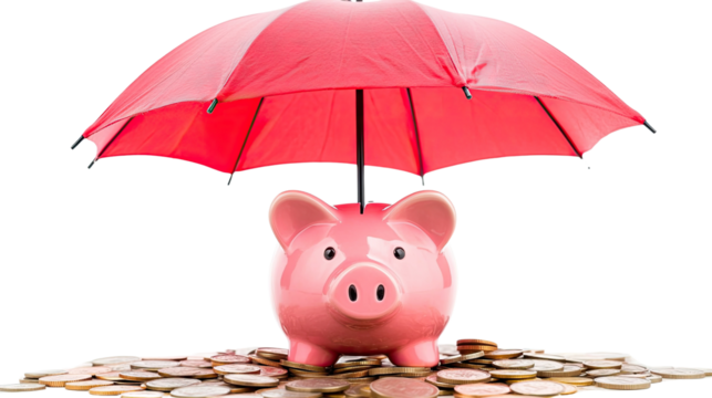 Safeguarding Savings: A pink piggy bank finds protection under a red umbrella, surrounded by a sea of golden coins, symbolizing financial security and peace of mind. 