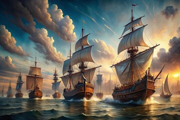 Obraz premium Neon light art in the dark of night a one piece ship sails across moonlit seas clouds moon star