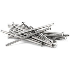 A pile of stainless steel bolts with smooth heads and threaded shafts on a white background.

