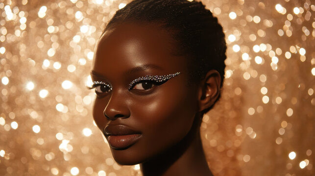 Elegant African Woman with Sparkling Eye Makeup Against Golden Bokeh Background