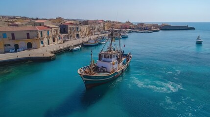 Obraz premium Aerial view of fishing boat 