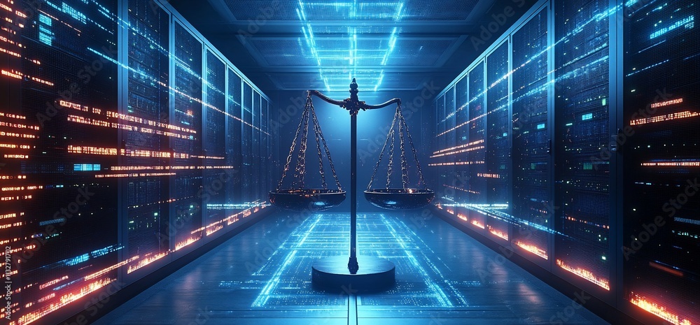 Poster A digital scene featuring a balanced scale in a futuristic data environment.
