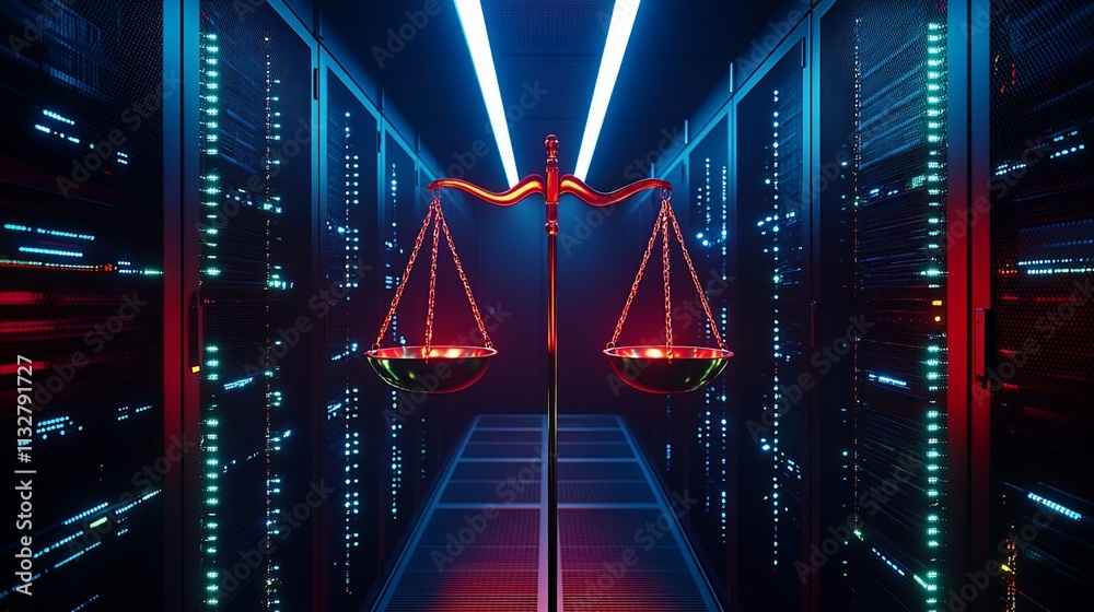 Poster a digital representation of justice, symbolized by scales in a tech environment.