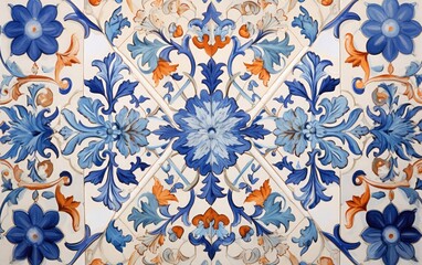 Traditional blue-and-white floral pattern, reminiscent of classic oriental art, with intricate designs and vibrant red accents on a white background.