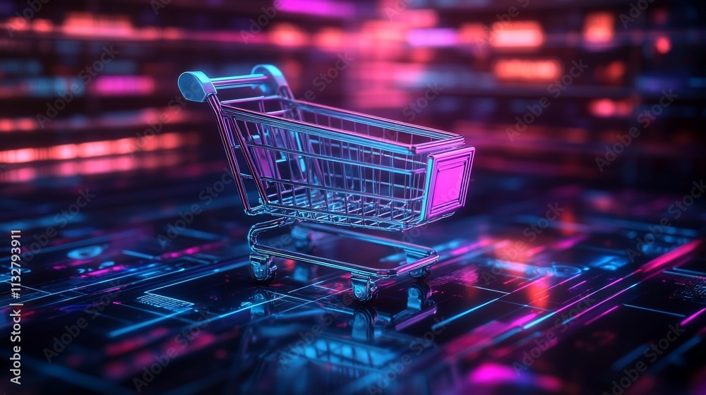Poster a futuristic shopping cart in a digital environment with neon lights.