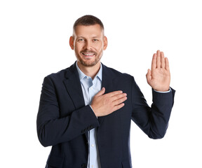 Man making promise with raised hand on white background. Oath gesture