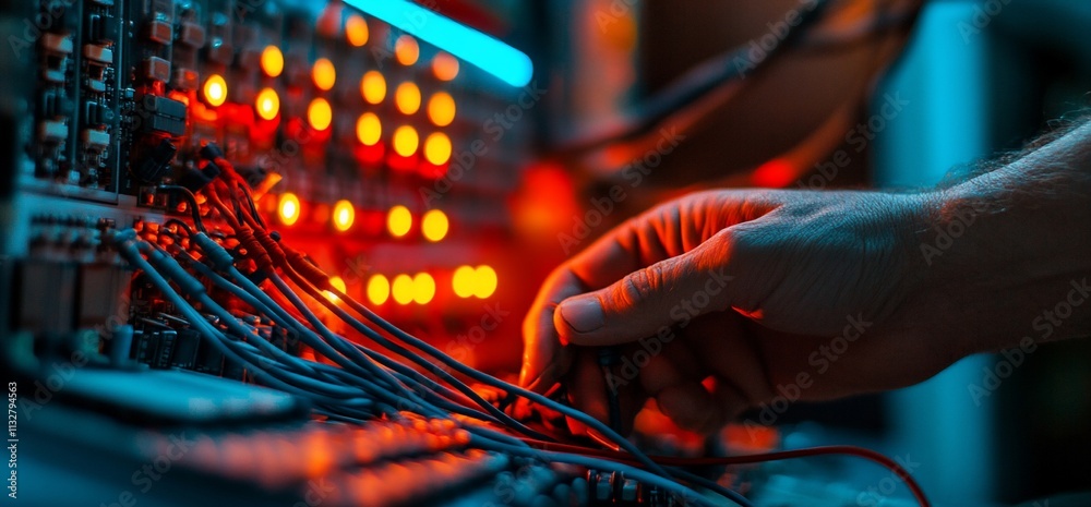 Poster a hand adjusting cables on a control panel with glowing lights.