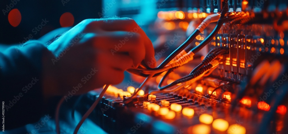 Poster a hand connecting cables on a sound mixing console with glowing lights.
