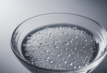 Close-up of sparkling water in a glass dish with bubbles and a minimalist background