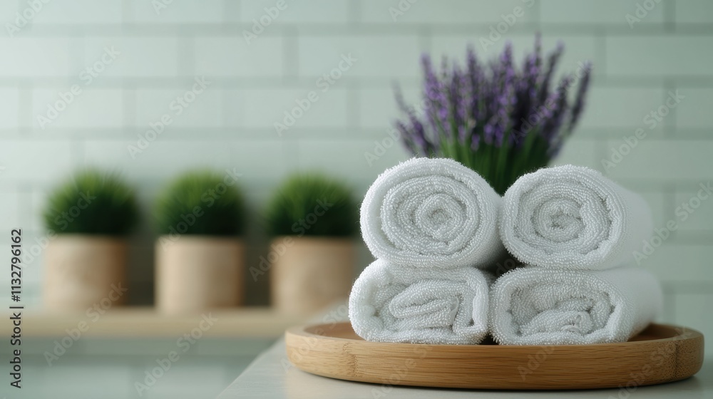 Poster rolled white towels on wooden tray creating relaxing spa scene