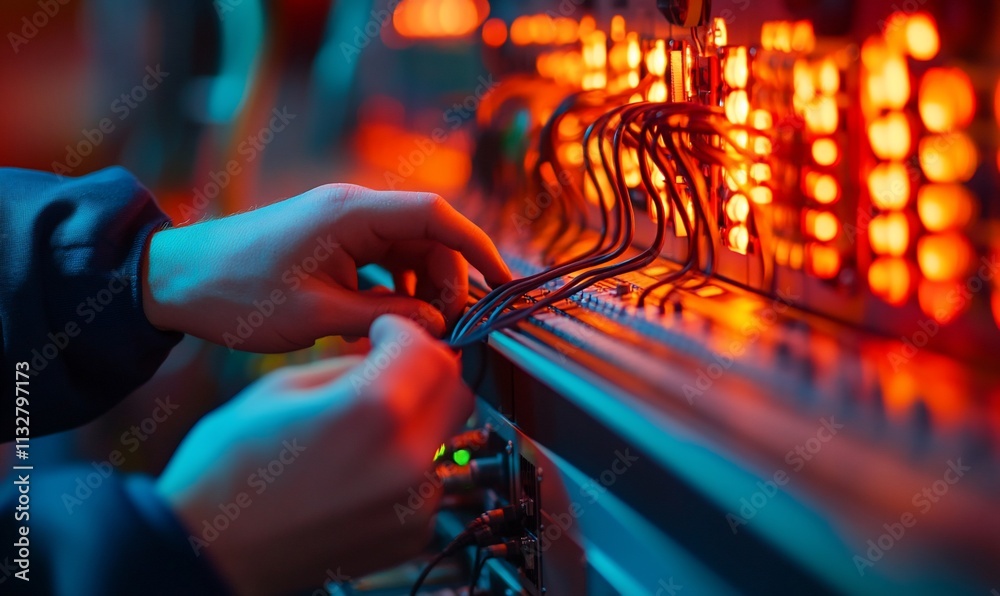 Poster a person adjusting cables on a control panel with glowing lights.