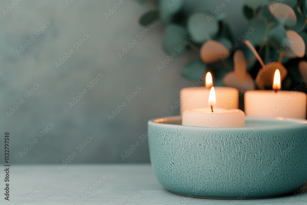Poster Burning candles creating relaxing ambiance in spa setting with eucalyptus
