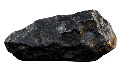 Fototapeta premium Dark Volcanic Rock: A large, imposing black rock, rough-textured and seemingly ancient, sits isolated against a plain background. Ideal for concepts related to strength, nature.