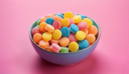 Multicolored candies in a bowl on a colored background. birthday and holiday concept