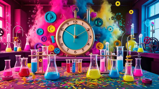 Colorful Chemistry Lab with Test Tubes, Beakers, and Exploding Vibrant Paint Effects

